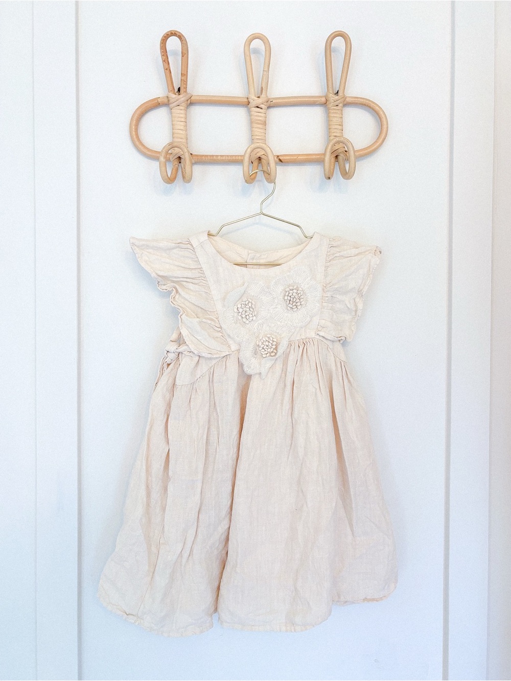 Zara Cream Floral Appliqué Flutter Sleeve Dress